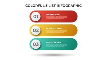 colorido 3 puntos de diagrama de lista, vector de plantilla de elemento infográfico.