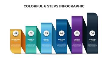 coloridos 6 puntos de pasos con diseño de diseño de lista de escaleras, vector de plantilla de elemento infográfico