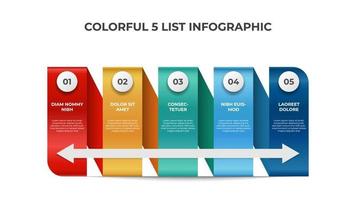 Continuous list diagram with 5 points, infographic element layout template vector