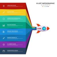 List diagram with 8 points of steps, sequence, colorful rocket launch startup, infographic element template vector. vector