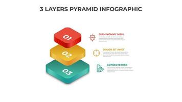 plantilla infográfica piramidal con 3 capas, lista, opciones, pasos, vector de diseño.