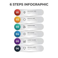 Diagrama de 6 listas, diseño de fila vertical de pasos con número de secuencia e iconos, plantilla de elemento infográfico vector