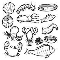 Set of seafood doodle illustrations with cute design isolated on white background vector