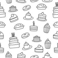 Cake doodle seamless pattern with black and white color. Set of cake doodle illustrations vector