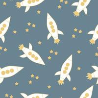 Seamless pattern rocket in the sky with stars hand drawing vector