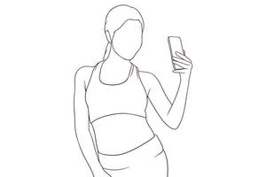 hermosa chica en traje de fitness toma una ilustración de vector de estilo dibujado a mano selfie