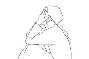young sad woman covered her face  hand drawn style vector illustration