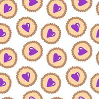 Vector purple coloured cookies. Hand drawn cartoon cookie heart shape. Vector seamless pattern. For greeting cards, wrapping paper, Valentines day, love decoration, wedding decor.