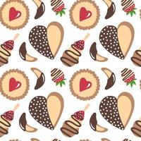Tasty vector seamless pattern with different cookies. Sweet canapes, chocolate cookie, heart cookie, cherry in chocolate isolated. Vector seamless pattern with desserts.