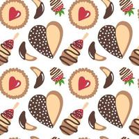 Tasty vector seamless pattern with different cookies. Sweet canapes, chocolate cookie, heart cookie, cherry in chocolate isolated. Vector seamless pattern with desserts.