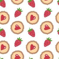 Strawberry and heart cookie seamless pattern. Vector hand drawn background.