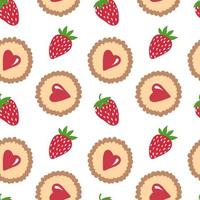 Strawberry and heart cookie seamless pattern. Vector hand drawn background.