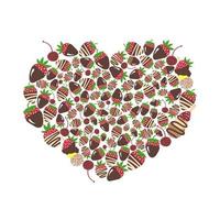 Vector strawberry in chocolate in heart shape. Cute lovely heart with sweet strawberry in chocolate, cherry, canapes. Romantic dessert. Vector cartoon illustration.