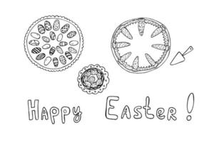 Doodle Easter dishes on white background. Vector Easter carrot cake, plate with eggs. Lettering happy Easter