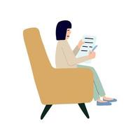 Woman sitting in armchair and making notes. Vector stock illustration