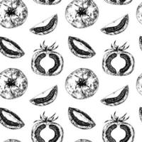 Tomatoes vector graphic seamless pattern. Black and white tomato pattern on white background.