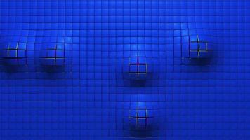 estrutura formada por quadrados azuis deformados por esferas que se movem aleatoriamente atrás da estrutura. animação 3D video