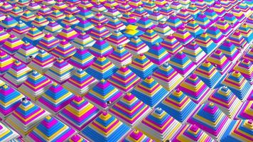 Fantastic background of pyramids formed by yellow, blue and magenta square plates that are randomly disordered while metallic spheres move between the pyramids. 3D Animation video