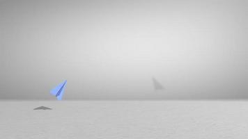 Blue paper plane flying in a circle from left to right casting shadow on a white textured surface against a white background. 3D animation video