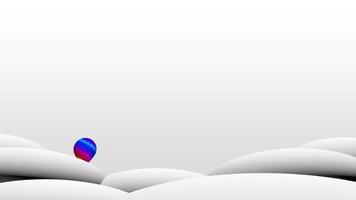 balão de ar quente com cores vivas e desenhos geométricos voando para frente e para trás atrás de montanhas geométricas brancas. seqüência de loop. animação 3D video