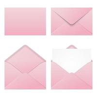 Set of realistic pink envelopes mockup. Realistic pink envelopes in different positions. Folded and unfolded envelope mockup. Vector illustration