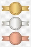 Gold, silver, and bronze stamp with horizontal ribbons. Luxury seal. Blank seal. Vector illustration