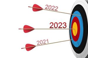 Three Red arrows hit to dartboard with 2023 number. Archery target and bullseye. Business success, investment goal, opportunity challenge, aim strategy, achievement focus concept vector