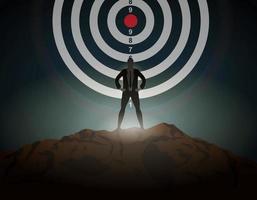 Businessman stand on peak mountain with target dartboard background in the dark scene. Business target, investment goal, management challenge, idea strategy, purpose achievement concept vector