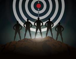 Silhouette of five Businessmans stand on peak mountain with target dartboard background in the dark scene. Business target, goal, management challenge, idea strategy, purpose achievement concept vector