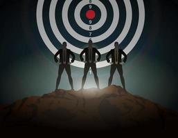 Three Businessman stand on peak mountain with target dartboard background in the dark scene. Business target, goal, management challenge, idea strategy, purpose achievement concept vector