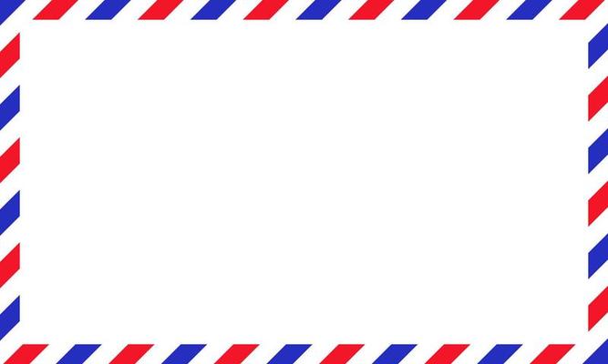 Air mail letter. Post stamp. Airmail frame postcard. Blue red stripes pattern. Mockup template envelope. Vector illustration