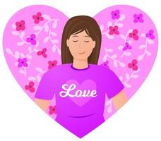 Woman character inside a pink heart with flowers. Love concept vector illustration. Valentines Day card.