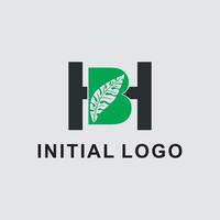 Abstract Initial Letter H Logo. Black Shape Linear Style Linked with Green Leaf Symbol. vector