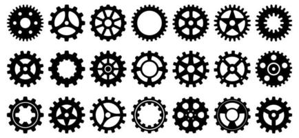 Collection of mechanical cogwheels. 21 small and large gears. Black silhouette sprocket icon design element. White background. Vector illustration.