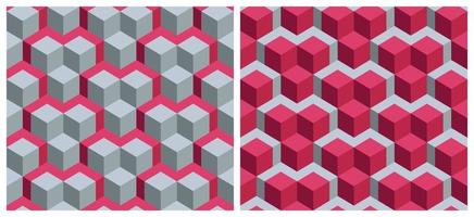 Seamless 3D cube geometric pattern background. Trend color of the year 2023 Viva Magenta. Design texture elements for fabric, tile, banner, cover, poster, backdrop, wall. Vector illustration.