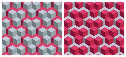 Seamless 3D cube geometric pattern background. Trend color of the year 2023 Viva Magenta. Design texture elements for fabric, tile, banner, cover, poster, backdrop, wall. Vector illustration.