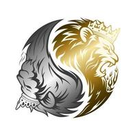 Yin Yang symbol pattern. The head of the King and Queen lion is gold and silver. Design for a logo or icon. Vector illustration.