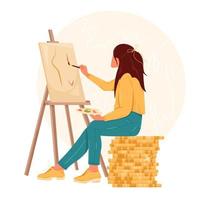 Artist girl is painting while sitting on coins stack. Vector illustration concept of earning money by art creation