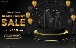 Black friday sale banner template design with podium, shopping bag, realistic balloon vector