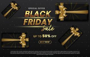 Black friday sale banner with golden ribbon and gift box vector