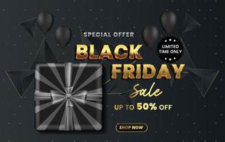 Black friday sale promotion banner design with podium, shopping bag, ribbon vector