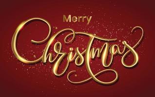 Merry christmas gold greeting card with 3d typography vector on red background