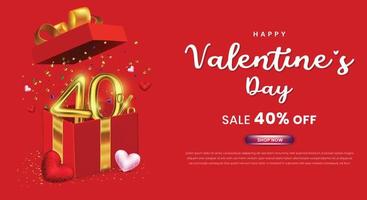 Valentines day sale 40 percent off promotion or shopping template with gift box and 3d number vector