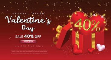 Valentines day 40 percent off selling template with gift box and 3d number vector