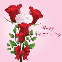 Happy valentines day greetings card with realistic red rose vector illustration