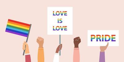 May 17 - The International Day Against Homophobia, Transphobia and Biphobia. Horizontal poster with different skin color hand with LGBTQ flags. Vector illustration in flat style. Eps 10.