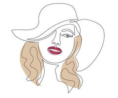 retrato de una mujer con sombrero dibujada por una línea mono continua, arte de una línea, contorno vector