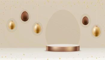 fondo de pascua con huevos de oro y chocolate colgados en una pared beige, podio de exhibición 3d de estudio vectorial sobre fondo de color crema, concepto para presentación de producto, promoción en el feliz día de pascua vector