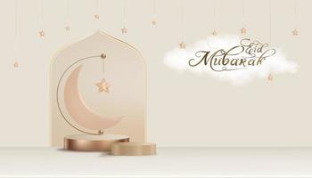 fondo islámico, podio 3d con nube, luna creciente y estrella colgando sobre fondo beige, pancarta horizontal vectorial para la religión musulmana simbólica para eid al fitr, ramadan kareem, eid al adha mubarak vector