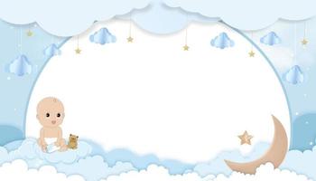 invitación a la ducha de bebé con un lindo niño gemelo sosteniendo una botella de leche sentada con un oso de peluche, un paisaje nuboso de arte de papel, luna creciente, estrella de fondo azul, tarjeta vectorial con espacio para la foto del bebé vector